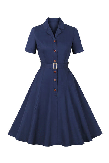 Navy Short Sleeves Button 1950s Robe